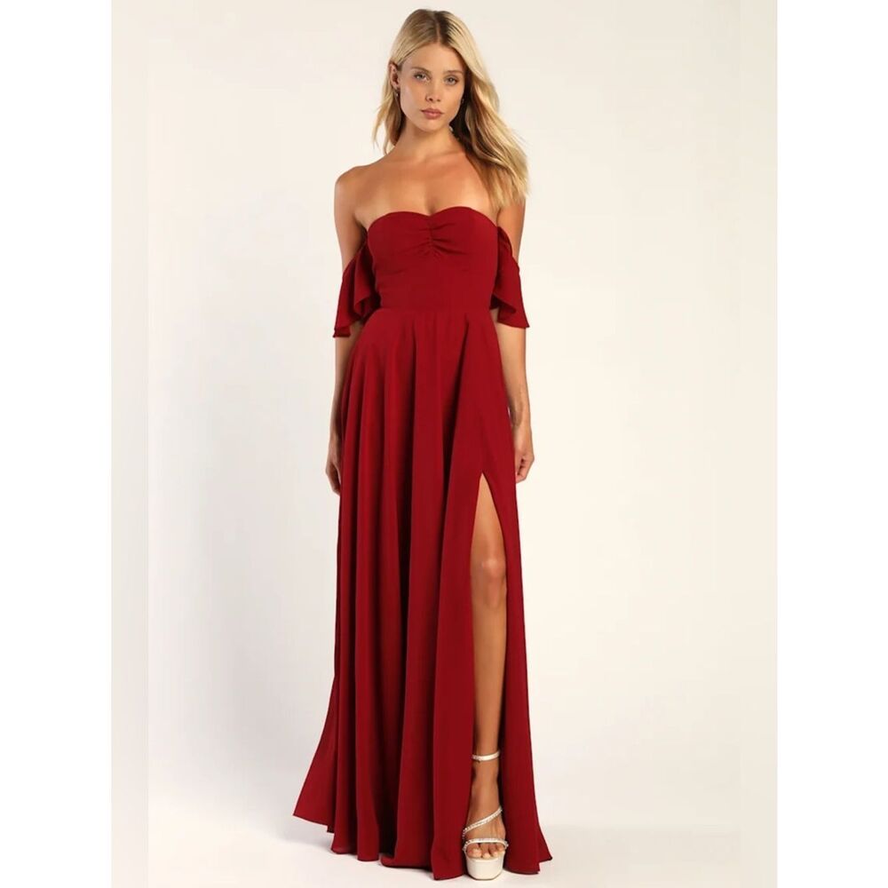 Lulus All the Elegance Wine Red Ruffled Off-the-Shoulder Maxi Dress Size M NWOT